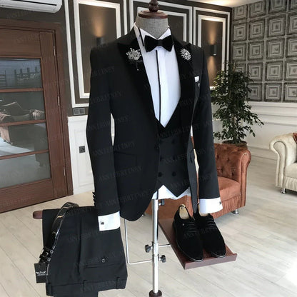 BLACK FORMAL SLIM SUIT FOR MEN 3 PIECES BLAZER JACKET - B&R African Styles