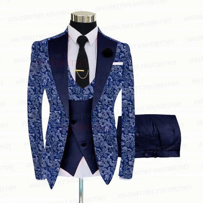BLUE FLORAL SLIM SUIT FOR MEN 3 PIECES BLAZER JACKET - B&R African Styles