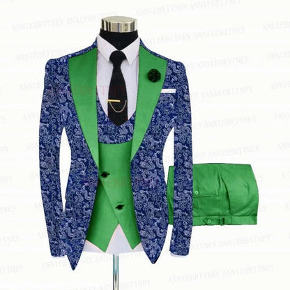 BLUE FLORAL SLIM SUIT FOR MEN 3 PIECES BLAZER JACKET - B&R African Styles