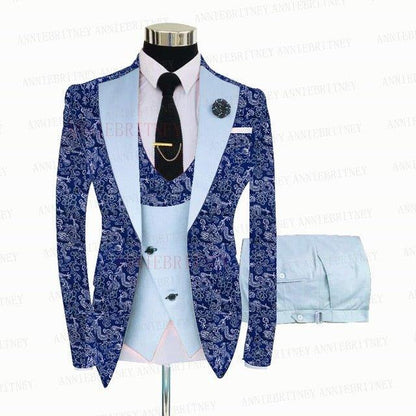 BLUE FLORAL SLIM SUIT FOR MEN 3 PIECES BLAZER JACKET - B&R African Styles