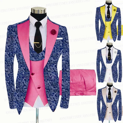 BLUE FLORAL SLIM SUIT FOR MEN 3 PIECES BLAZER JACKET - B&R African Styles