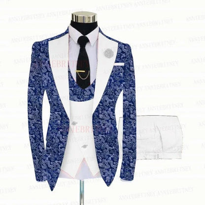 BLUE FLORAL SLIM SUIT FOR MEN 3 PIECES BLAZER JACKET - B&R African Styles