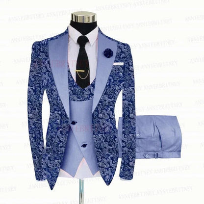 BLUE FLORAL SLIM SUIT FOR MEN 3 PIECES BLAZER JACKET - B&R African Styles