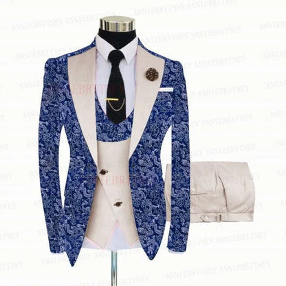 BLUE FLORAL SLIM SUIT FOR MEN 3 PIECES BLAZER JACKET - B&R African Styles