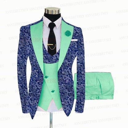 BLUE FLORAL SLIM SUIT FOR MEN 3 PIECES BLAZER JACKET - B&R African Styles