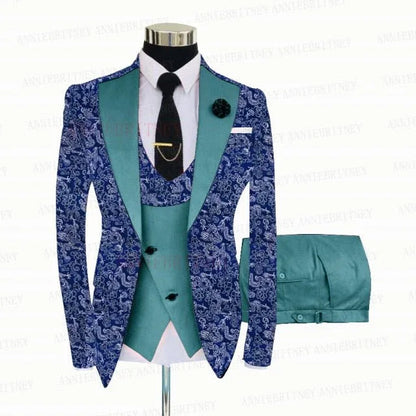 BLUE FLORAL SLIM SUIT FOR MEN 3 PIECES BLAZER JACKET - B&R African Styles