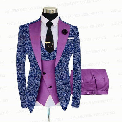 BLUE FLORAL SLIM SUIT FOR MEN 3 PIECES BLAZER JACKET - B&R African Styles