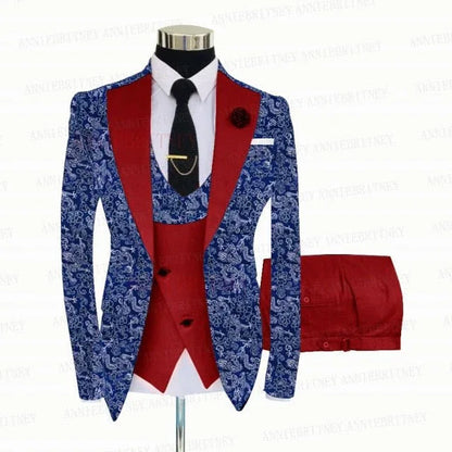 BLUE FLORAL SLIM SUIT FOR MEN 3 PIECES BLAZER JACKET - B&R African Styles