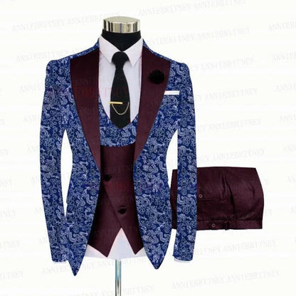 BLUE FLORAL SLIM SUIT FOR MEN 3 PIECES BLAZER JACKET - B&R African Styles