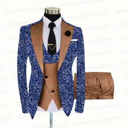 BLUE FLORAL SLIM SUIT FOR MEN 3 PIECES BLAZER JACKET - B&R African Styles