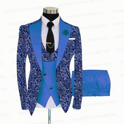 BLUE FLORAL SLIM SUIT FOR MEN 3 PIECES BLAZER JACKET - B&R African Styles