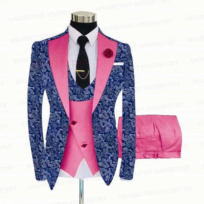 BLUE FLORAL SLIM SUIT FOR MEN 3 PIECES BLAZER JACKET - B&R African Styles