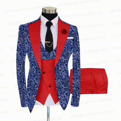 BLUE FLORAL SLIM SUIT FOR MEN 3 PIECES BLAZER JACKET - B&R African Styles