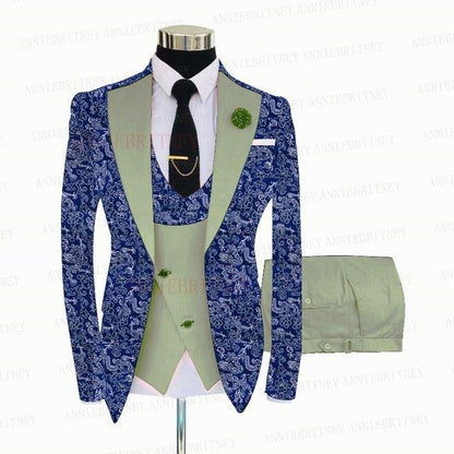BLUE FLORAL SLIM SUIT FOR MEN 3 PIECES BLAZER JACKET - B&R African Styles