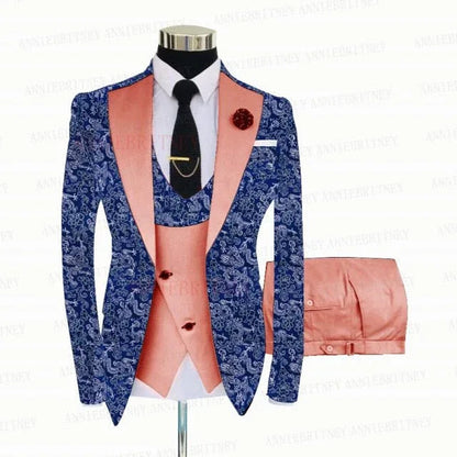 BLUE FLORAL SLIM SUIT FOR MEN 3 PIECES BLAZER JACKET - B&R African Styles