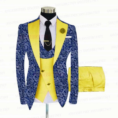 BLUE FLORAL SLIM SUIT FOR MEN 3 PIECES BLAZER JACKET - B&R African Styles