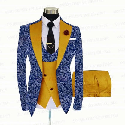 BLUE FLORAL SLIM SUIT FOR MEN 3 PIECES BLAZER JACKET - B&R African Styles