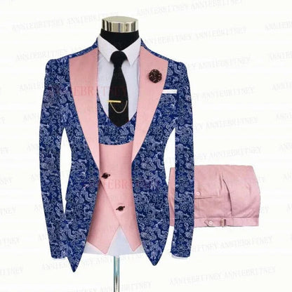 BLUE FLORAL SLIM SUIT FOR MEN 3 PIECES BLAZER JACKET - B&R African Styles