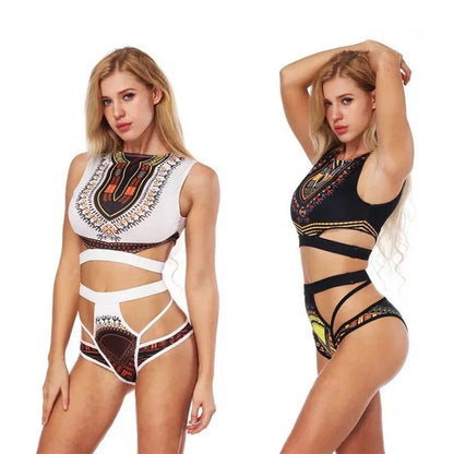 Dashiki Printed Two Pieces Bikini Swimwear Sleeveless Monokini Bathing Suit - B&R African Styles