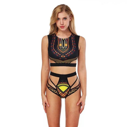 Dashiki Printed Two Pieces Bikini Swimwear Sleeveless Monokini Bathing Suit - B&R African Styles