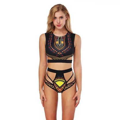 Dashiki Printed Two Pieces Bikini Swimwear Sleeveless Monokini Bathing Suit - B&R African Styles