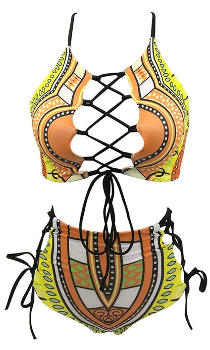 Exotic Yellow Bikini High Waist Bikini Patterned Strap Swimsuit Set - B&R African Styles