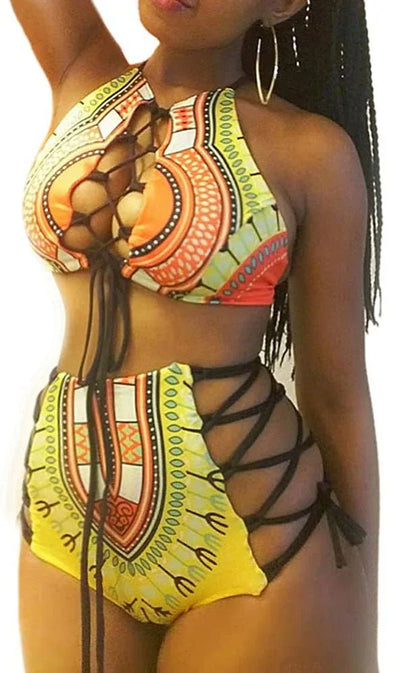 Exotic Yellow Bikini High Waist Bikini Patterned Strap Swimsuit Set - B&R African Styles