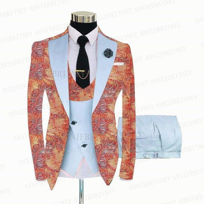 FLORAL PRINTED SLIM SUIT FOR MEN 3 PIECES BLAZER JACKET - B&R African Styles