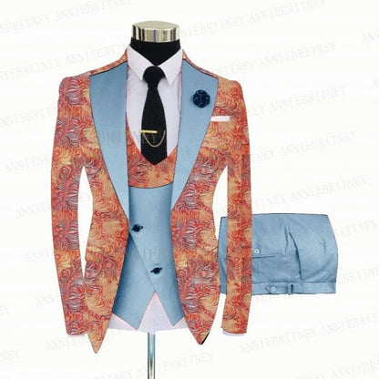 FLORAL PRINTED SLIM SUIT FOR MEN 3 PIECES BLAZER JACKET - B&R African Styles