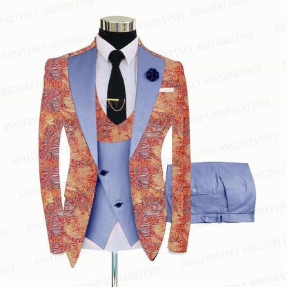 FLORAL PRINTED SLIM SUIT FOR MEN 3 PIECES BLAZER JACKET - B&R African Styles