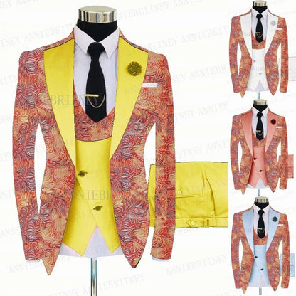 FLORAL PRINTED SLIM SUIT FOR MEN 3 PIECES BLAZER JACKET - B&R African Styles
