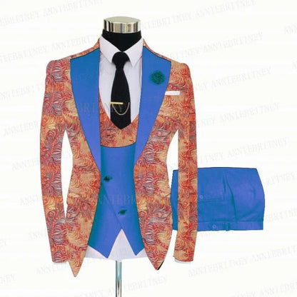 FLORAL PRINTED SLIM SUIT FOR MEN 3 PIECES BLAZER JACKET - B&R African Styles