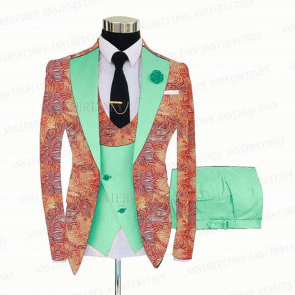 FLORAL PRINTED SLIM SUIT FOR MEN 3 PIECES BLAZER JACKET - B&R African Styles