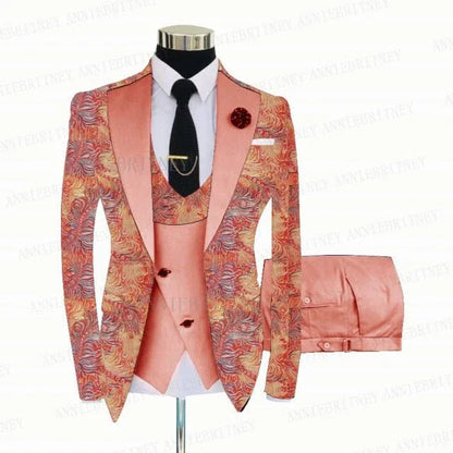 FLORAL PRINTED SLIM SUIT FOR MEN 3 PIECES BLAZER JACKET - B&R African Styles