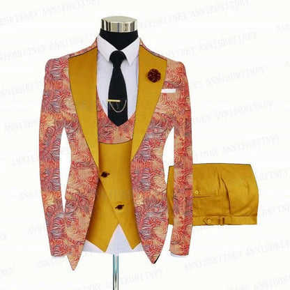 FLORAL PRINTED SLIM SUIT FOR MEN 3 PIECES BLAZER JACKET - B&R African Styles
