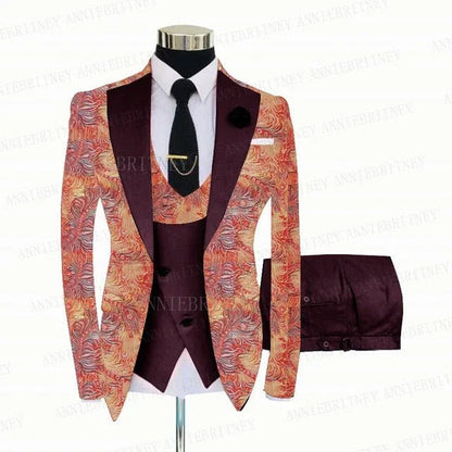 FLORAL PRINTED SLIM SUIT FOR MEN 3 PIECES BLAZER JACKET - B&R African Styles
