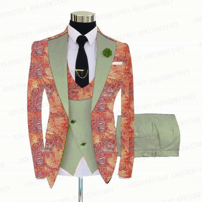 FLORAL PRINTED SLIM SUIT FOR MEN 3 PIECES BLAZER JACKET - B&R African Styles