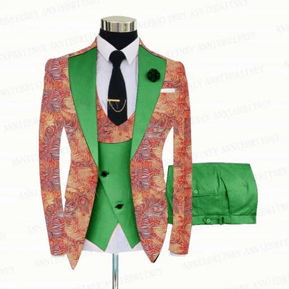 FLORAL PRINTED SLIM SUIT FOR MEN 3 PIECES BLAZER JACKET - B&R African Styles