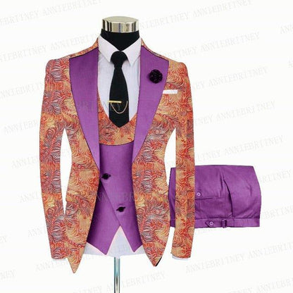 FLORAL PRINTED SLIM SUIT FOR MEN 3 PIECES BLAZER JACKET - B&R African Styles