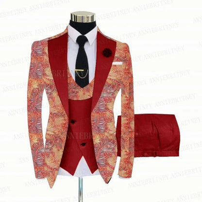 FLORAL PRINTED SLIM SUIT FOR MEN 3 PIECES BLAZER JACKET - B&R African Styles