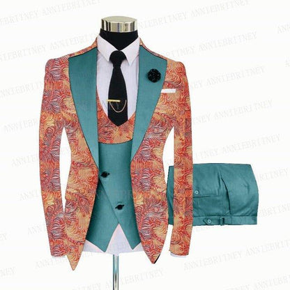 FLORAL PRINTED SLIM SUIT FOR MEN 3 PIECES BLAZER JACKET - B&R African Styles