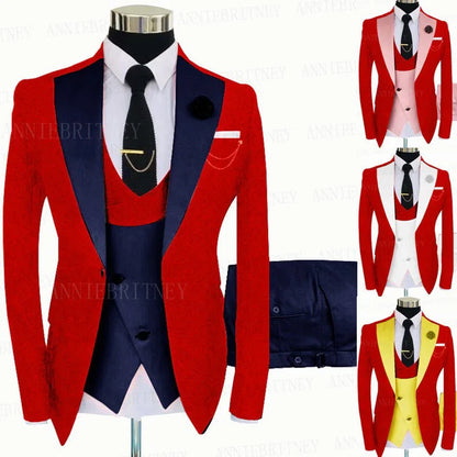 Jacquard Red Slim Suit Tux 3 Pieces - B&R African Styles