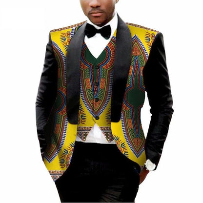 MEN'S PRINTED DASHIKI BLAZER MEN JACKET + VEST SLIM SUITS - B&R African Styles