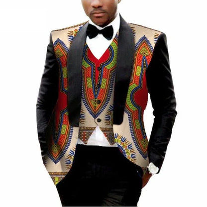 MEN'S PRINTED DASHIKI BLAZER MEN JACKET + VEST SLIM SUITS - B&R African Styles