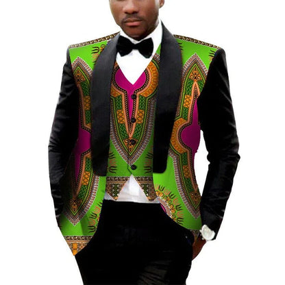 MEN'S PRINTED DASHIKI BLAZER MEN JACKET + VEST SLIM SUITS - B&R African Styles