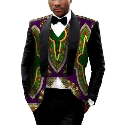 MEN'S PRINTED DASHIKI BLAZER MEN JACKET + VEST SLIM SUITS - B&R African Styles