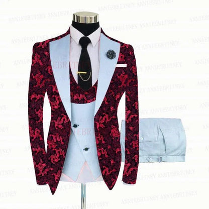 Red Floral Print Men's Suit 3 Pieces Slim fit Suit Jacket - B&R African Styles