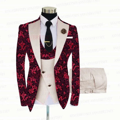 Red Floral Print Men's Suit 3 Pieces Slim fit Suit Jacket - B&R African Styles