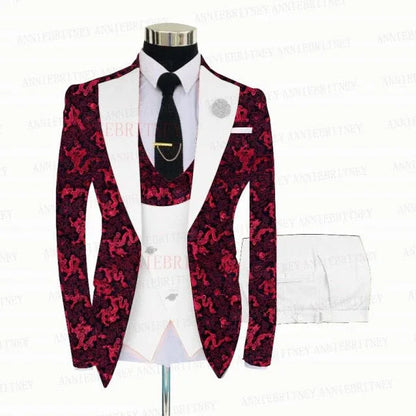 Red Floral Print Men's Suit 3 Pieces Slim fit Suit Jacket - B&R African Styles