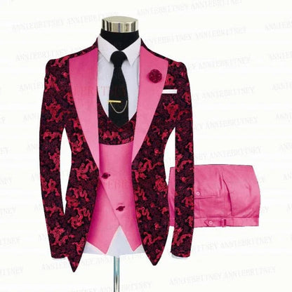 Red Floral Print Men's Suit 3 Pieces Slim fit Suit Jacket - B&R African Styles